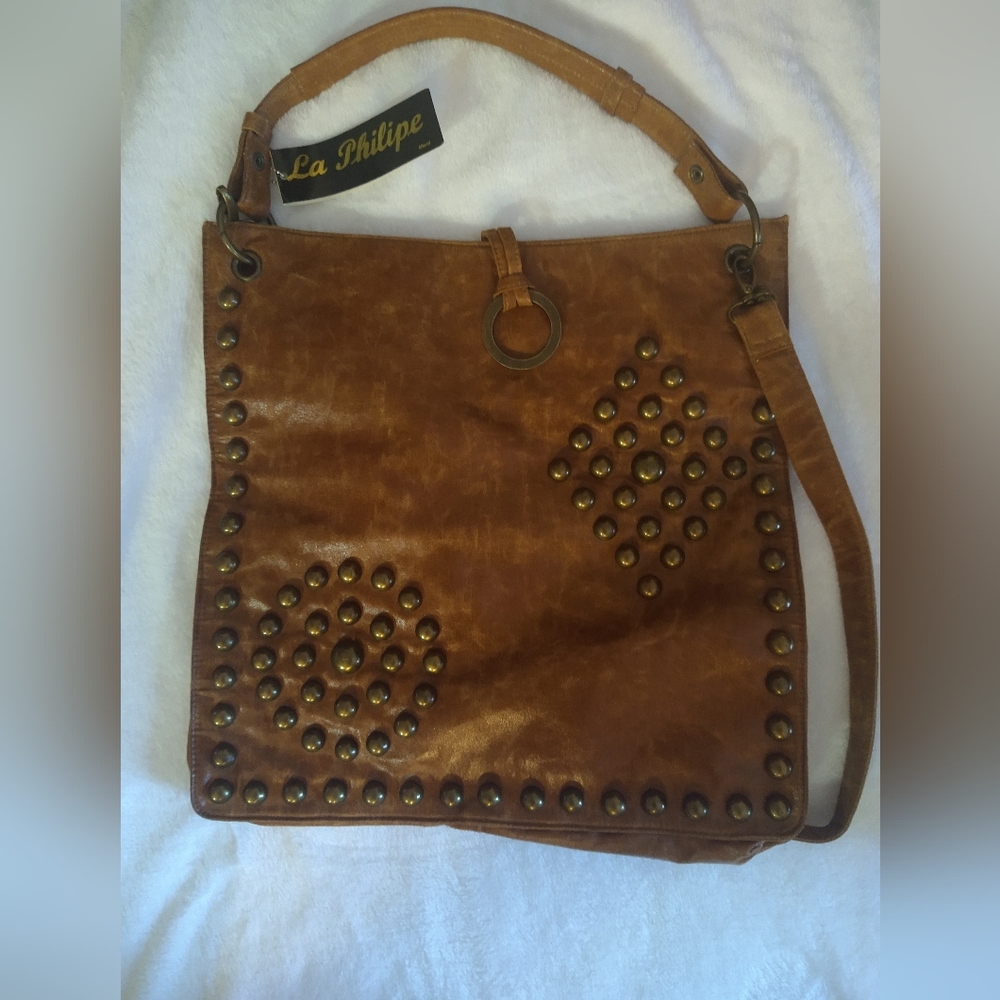 La Philipe Brown Distressed Faux Leather Studded Shoulder/Handbag (NWT)